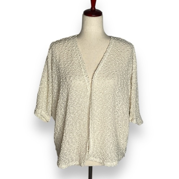 Chicos Cream Boucle Knit Open Front Short Sleeve Lace Back Cardigan Sweater - Picture 1 of 8
